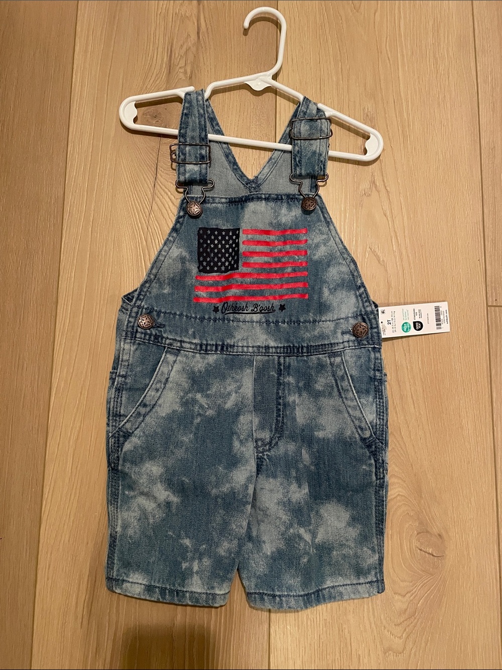 Denim Tie-Dye Kids Overalls with Flag Patch - Blue